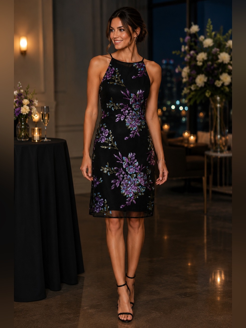 White House Black Market 00 Floral Sequin Mesh Cocktail Dress